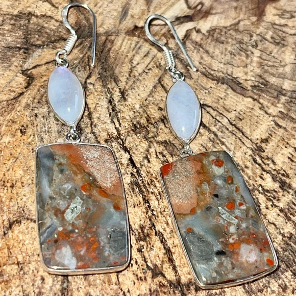 Rainbow Moonstone & Red Jasper Earrings 2 1/2” - Picture 7 of 13